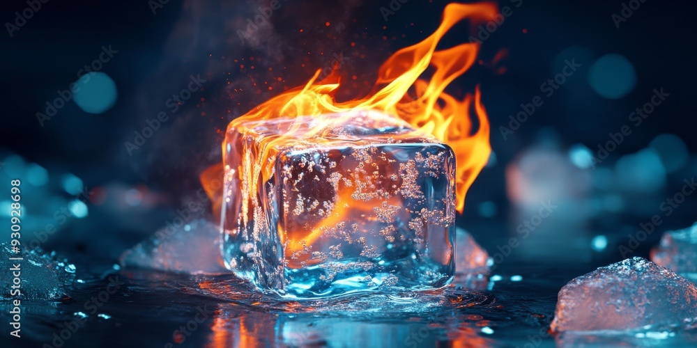 Poster an ice cube engulfed by flames illustrates the captivating contrast between fires heat and ices chil