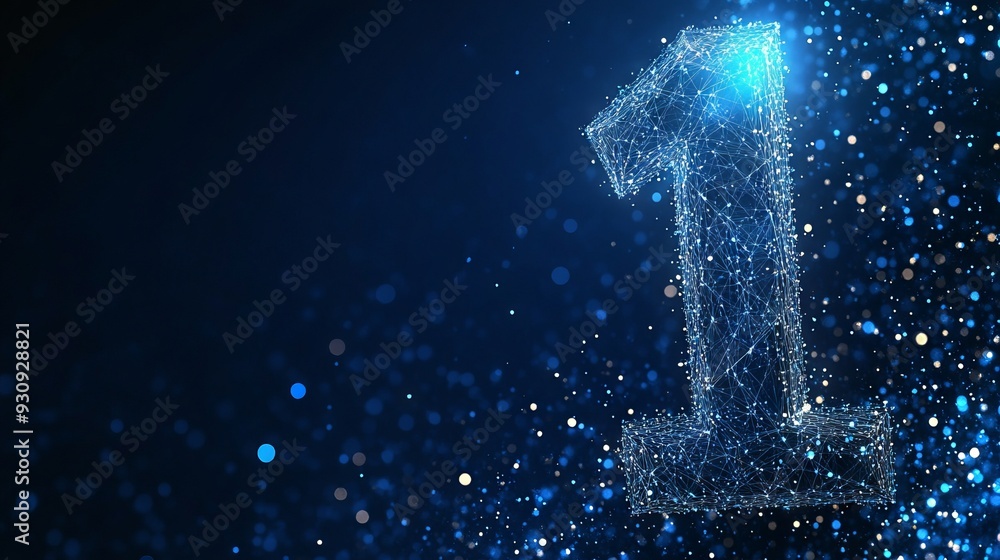 Poster abstract image of a number one with dark blue background. low poly wireframe with lines, dots and gl