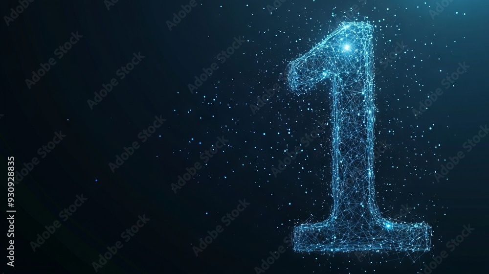 Poster abstract image of a number one with dark blue background. low poly wireframe with lines, dots and gl