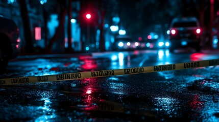 Obraz premium Police Tape Cordoning Off a Crime Scene at Night with Flashing Lights