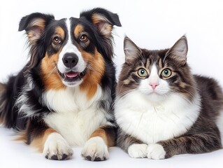 Obraz premium Adorable Australian Shepherd and Cat Duo Pose Together, Playful and Content, Gazing at Camera on a Clean White Background. Companionship and Pet Friendship Concepts.