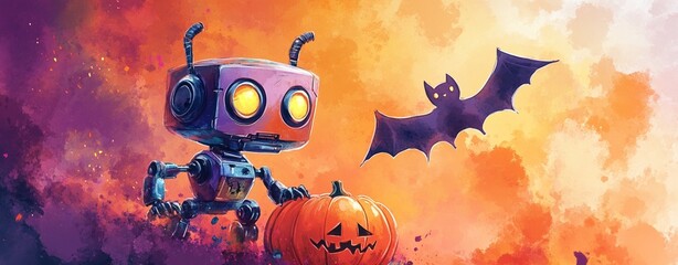 Robot with pumpkin and bat on Halloween night in a colorful sky.