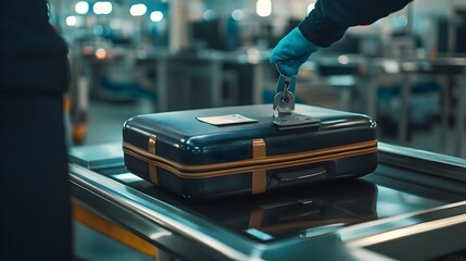 Suitcase Being Weighed at Airport Check In Counter with Scale and Baggage Tag