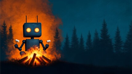 Cute robot roasting marshmallows by a campfire in a dark forest at night.