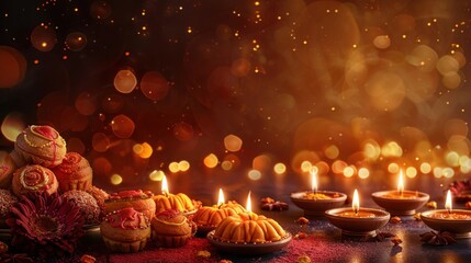 Diwali Greeting Card with Indian Sweets Like Ladoos and Jalebis Arranged Around Glowing Candles on a Rich Background