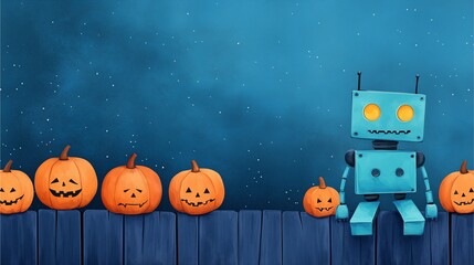 Robot sitting on a fence with pumpkins under a starry night sky during Halloween.