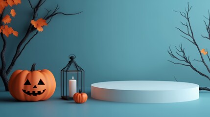 A Halloween-themed display featuring pumpkins, branches, and a lantern on a blue background.