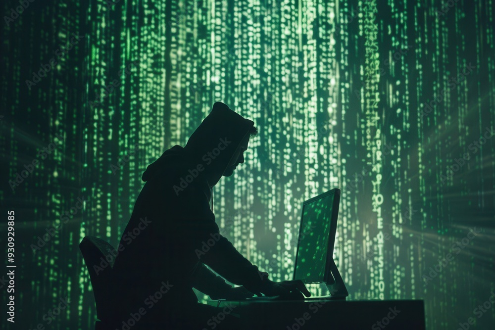 Aufkleber A silhouette of a hacker focused on coding, illuminated by a large screen displaying green, matrix-style digital data. Generative AI