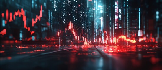 Fototapeta premium A futuristic cityscape with red and blue digital lines, depicting the flow of data and financial markets.