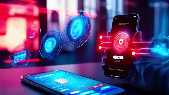 Hand holding a smartphone with a glowing digital shield icon and a red glowing line, showing a secure payment interface.