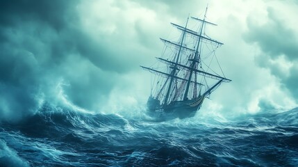 Fototapeta premium Sailing Through a Storm - A Tall Ship Battles Rough Seas.