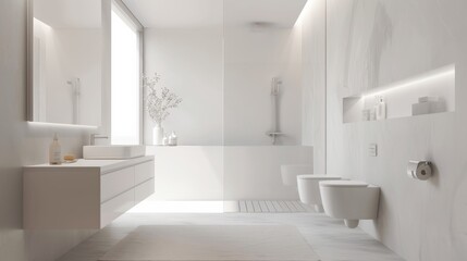 Modern minimalist bathroom interior with white walls and sleek fixtures.