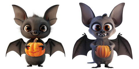 Fototapeta premium set of cute bat holding a pumpkin. halloween party concept. 3D cartoon animation style.