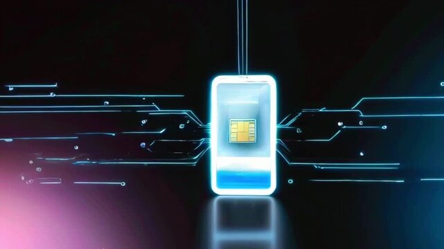 A smartphone with a glowing eSIM chip in the middle, surrounded by lines resembling a circuit board, on a black background.