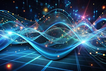 Obraz premium High-tech illustration of dynamic wave patterns and coding language swirling over a dark background, symbolizing connection, data, and futuristic technology concepts in a hologram-inspired design.