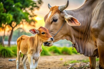 Adorable Indian cow tenderly feeds its playful calf, which drinks milk eagerly, showcasing the heartwarming bond between mother and baby in a rural cattle farm setting.