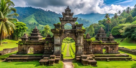 Ancient gateway ruins of the Blambangan kingdom stand amidst lush greenery at Kawitan site in Banyuwangi, East Java, Indonesia, exuding historical and cultural significance.