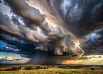 Ominous dark grey rain clouds gather in a foreboding sky, heavy with precipitation, casting a dramatic and intense atmosphere over the landscape below.