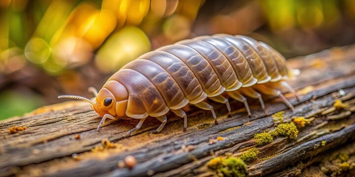 Macro shot of a Cubaris Rubber ducky isopod crawling on bark in a deep forest setting, isopod, Cubaris, Rubber ducky, macro, shot
