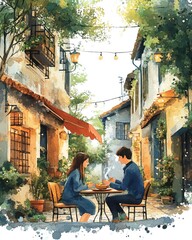 Obraz premium A serene outdoor cafe scene with two people enjoying a meal in a charming alleyway, surrounded by greenery and warm lights.
