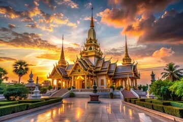 Golden hour casts a warm glow on the majestic Ban Wat Sawi chedi, a stunning architectural gem influenced by Phra Mahathat Chedi's elegant style.