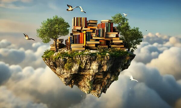 Floating Island with Books and Trees in Sky with ai generated.
