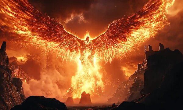 Fiery Phoenix Rising from Ashes in Dramatic Scene with ai generated.
