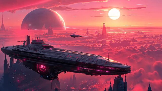 Animation of futuristic heavy starship flying in outer space, hyperspace jump. Mission to Mars. UFO in the space. Futuristic atmosphere, alien world. Future technologies, space exploration and travel