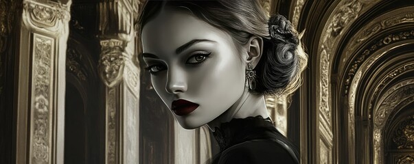 A striking portrait of a woman with dark makeup, set in an opulent architectural background. An embodiment of elegance and mystery.