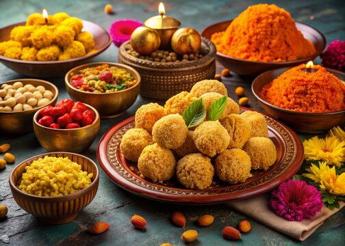Vibrant arrangement of traditional Diwali faral snacks from Maharashtra, including chivda, ladoo, and Shankarpali, against a colorful festive background.