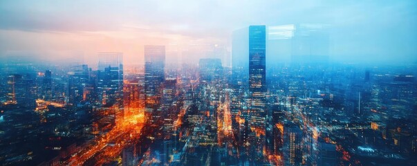 Fototapeta premium A vibrant cityscape illuminated by twilight, showcasing towering buildings and glowing streets, blending urban life with serenity.