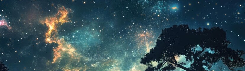 Fototapeta premium A mesmerizing night sky filled with stars, swirling galaxies, and a serene moon reflecting on calm water near silhouetted trees.