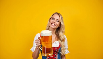 Beautiful waitress smiling beer mug drindl dress oktoberfest festival yellow background