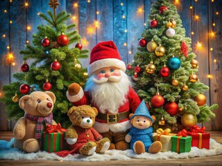 Colorful festive scene featuring a variety of figurines, including a gnome, jolly old Saint, snowman, and teddy bear, gathered around a decorated Christmas tree.