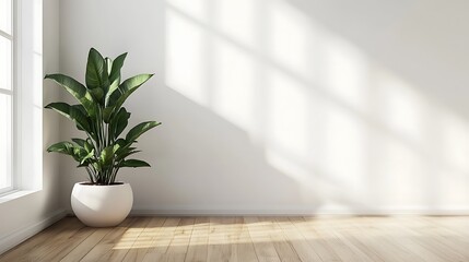 Empty white room interior with plant pot on a wooden floor
