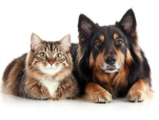 Fototapeta premium Adorable Australian Shepherd and Cat Duo Pose Together, Playful and Content, Gazing at Camera on a Clean White Background. Companionship and Pet Friendship Concepts.