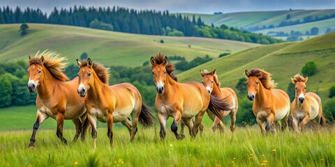 Magnificent Przewalski's horses roam freely in a protected conservation area, their majestic manes flowing in the wind, surrounded by rolling hills and lush greenery.