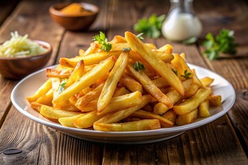 Golden crispy French fries piled high on a white plate, freshly cooked in sizzling hot oil in a deep fryer at home, selective focus.