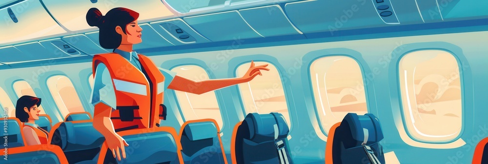 Poster a flight attendant in a life vest explains safety procedures to passengers seated inside an aircraft
