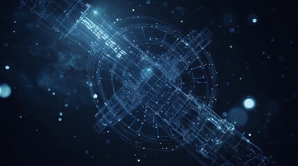 Obraz premium Abstract mash line and point Orbital space station on dark blue background with an inscription. Low poly wireframe with lines, dots and glowing particles