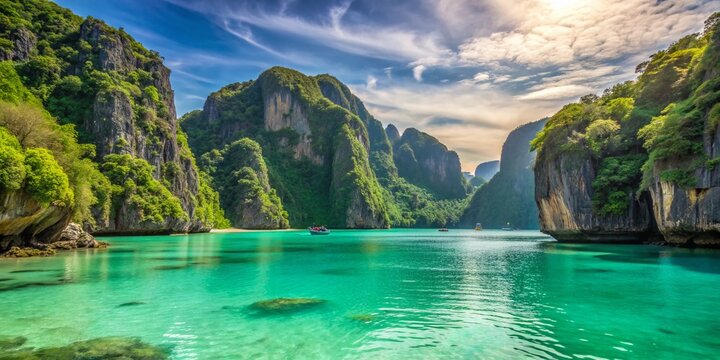 A serene turquoise lagoon surrounded by towering limestone cliffs and lush greenery, exposed at low tide, on a tranquil Phi Phi Ley Island bay.