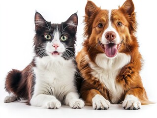 Adorable Australian Shepherd and Cat Duo Pose Together, Playful and Content, Gazing at Camera on a Clean White Background. Companionship and Pet Friendship Concepts.