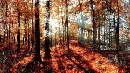 Obraz premium A beautiful autumn forest scene with vibrant orange leaves, sunlight filtering through the trees, creating a peaceful atmosphere.