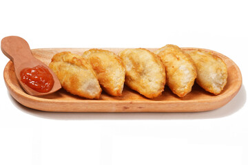 Fried stuffed Cireng, a traditional Indonesian snack filled with seasoned beef fat or jando, perfect with chili sauce dip, photographed against a white background.