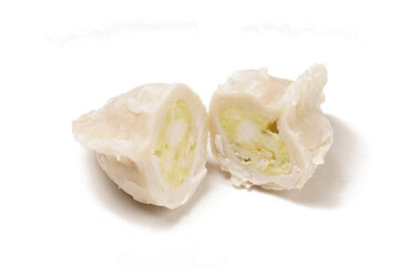 Frozen stuffed Cireng, a traditional Indonesian snack ready to fry, filled with seasoned beef fat or koyor, photographed against a white background.