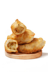 Fried stuffed Cireng, a traditional Indonesian snack filled with seasoned beef fat or jando,...