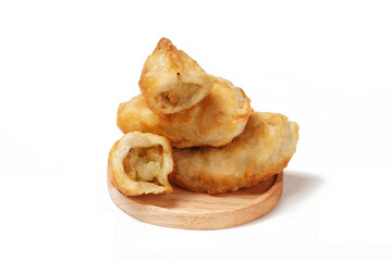 Fried stuffed Cireng, a traditional Indonesian snack filled with seasoned beef fat or jando, perfect with chili sauce dip, photographed against a white background.