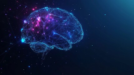 Brain low poly color. With dark blue background. Low poly wireframe with lines, dots and glowing particles