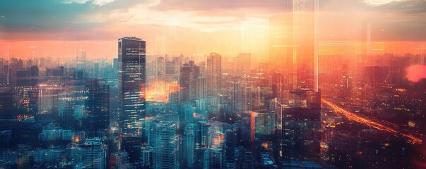 Fototapeta premium Stunning city skyline captured at sunset, showcasing vibrant colors and urban architecture in a breathtaking aerial view.