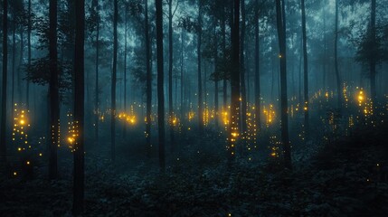 Obraz premium A mystical forest at dusk, illuminated by glowing lights, creating an enchanting and serene atmosphere, perfect for nature lovers.